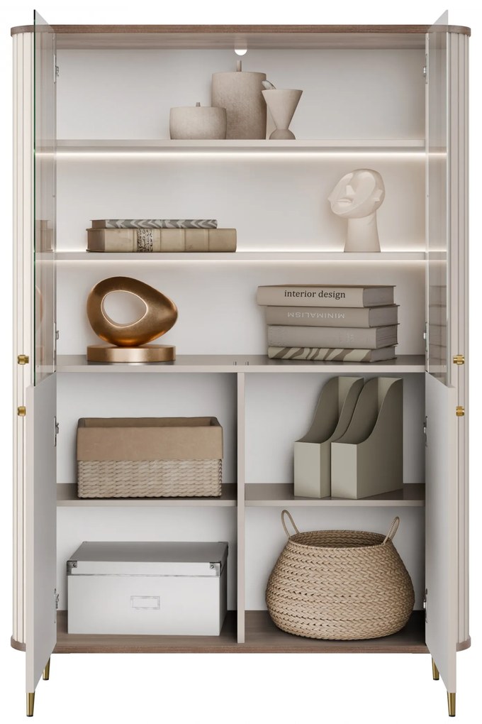 Vitrină cu patru uși Vesper 103 cm - cașmir / nuc / picioare aurii