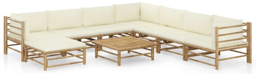 vidaXL Set mobilier de grădină, cu perne alb crem, 9 piese, bambus