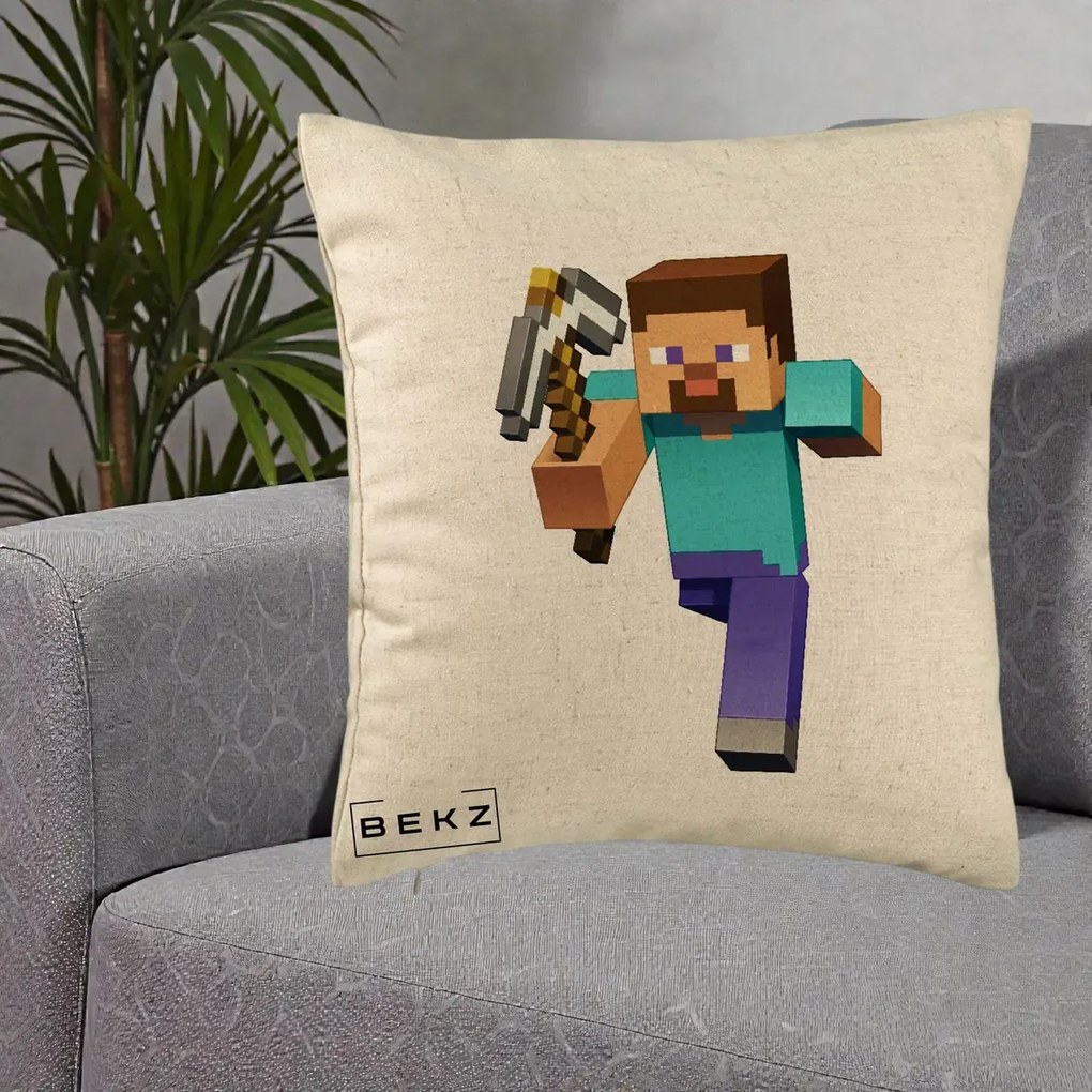 Perna Personalizata Minecraft Steve, 40x40 cm, Bej, Husa Detasabila, Perna Inclusa, BEKZ®