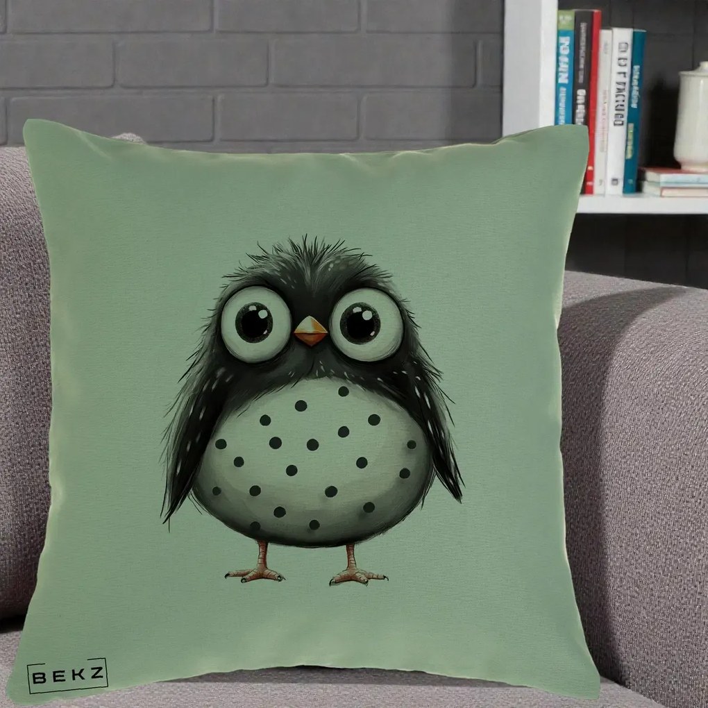 Perna Decorativa Bufnita Neagra cu Buline Albe, 40x40 cm, Verde, Husa Detasabila, Perna Inclusa, BEKZ®