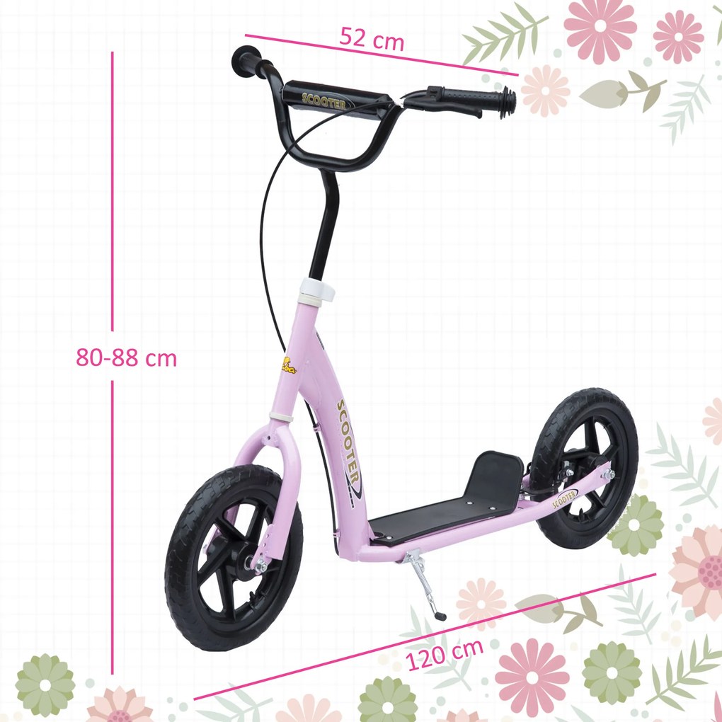 HOMCOM Trotinetă cu 2 Roți pentru Copii 5-12 Ani cu Frână Posterioară și Ghidon Reglabil, Trotinetă din Oțel și Plastic, 120x52x80-88 cm, Roz | Aosom Romania
