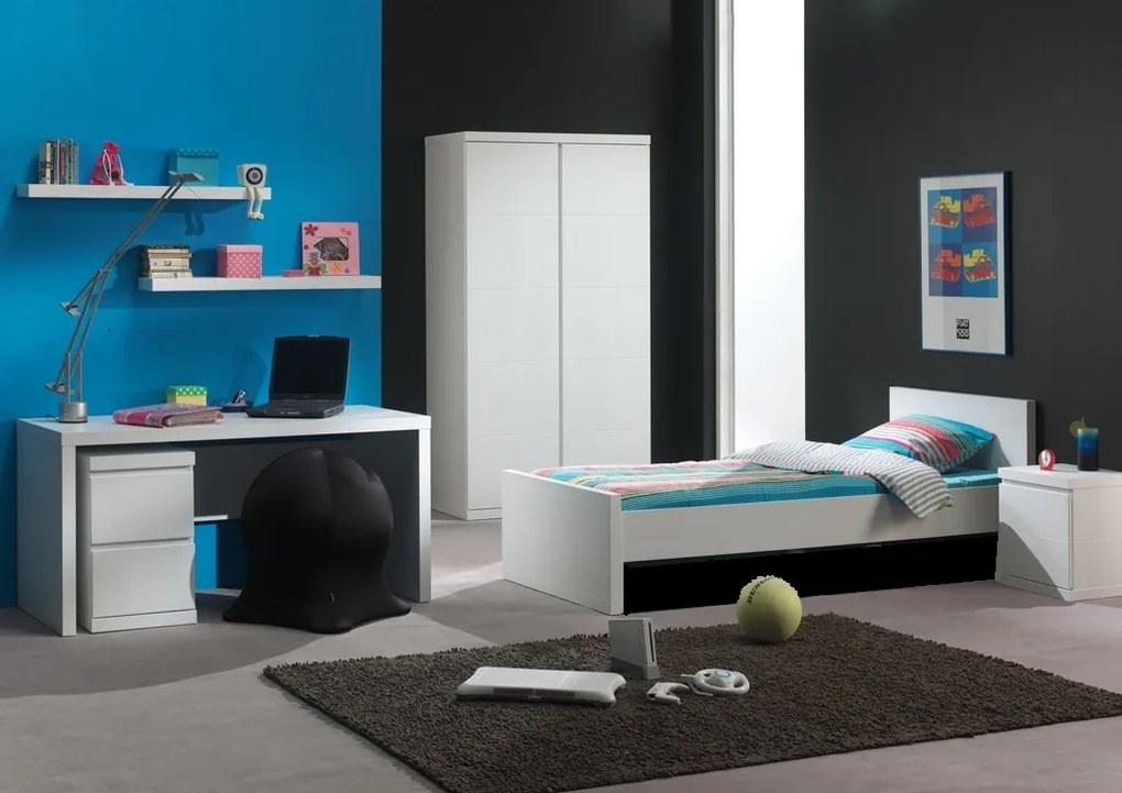 Set Mobilier Cameră Lara pentru Copii/Tineri, Alb – Pat 90x200 cm, Noptieră, Dulap 2 Uși, Birou și Polițe Perete – Vipack