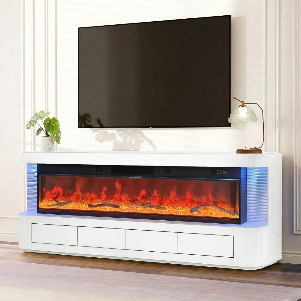 Șemineu Electric cu Flacără LED în 7 Culori, Comodă TV, Încălzire, Bluetooth, Difuzoare Integrate, Iluminare LED Ambientală, Telecomandă, MDF, Finisaj Alb Oglindă