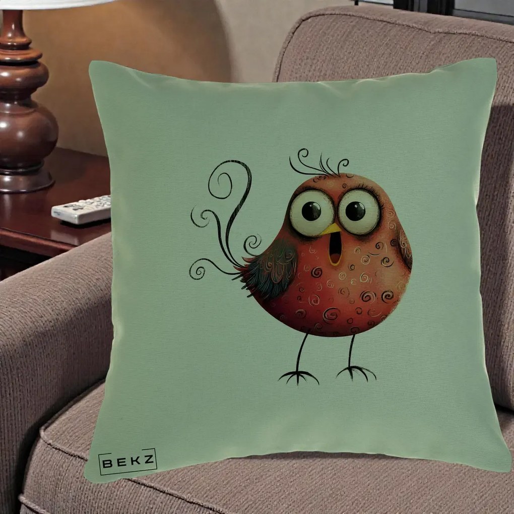 Perna Decorativa Pasare Rosie Exuberanta cu Spirale, 40x40 cm, Verde, Husa Detasabila, Perna Inclusa, BEKZ®