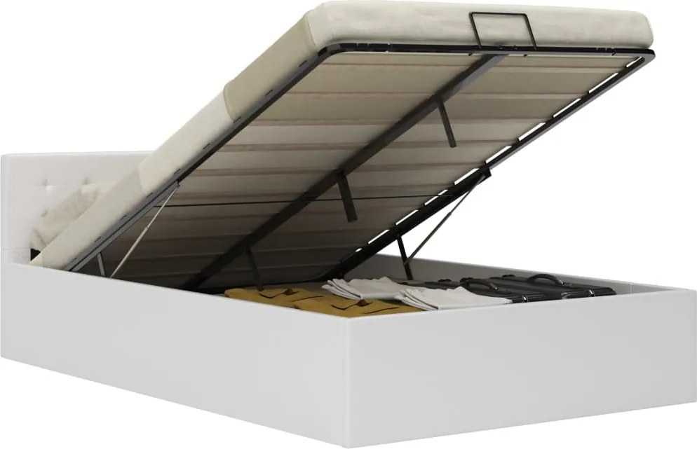 vidaXL Cadru pat hidraulic, depozitare, alb, 140 x 200 cm, piele eco