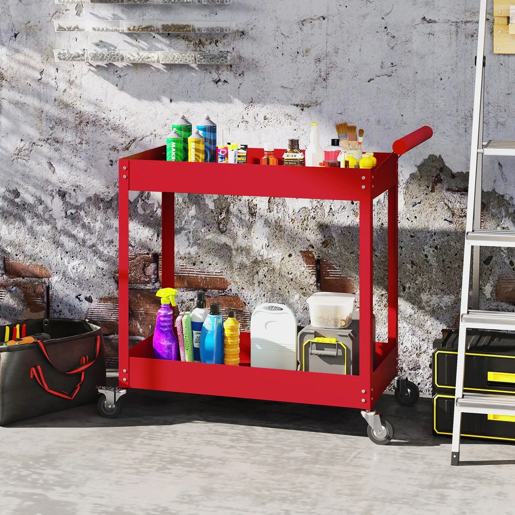 DURHAND Cărucior de atelier servantă atelier cu 2 niveluri, mâner lateral și roți blocabile, 84,5x38x84cm, roșu | Aosom Romania