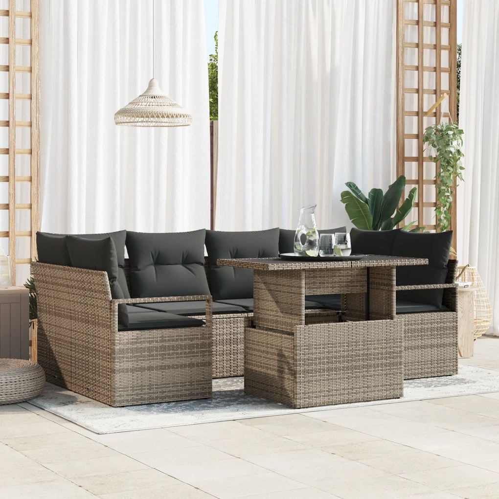 vidaXL Set de canapele de grădină cu 7 piese, perne incluse, gri, din ratan sintetic