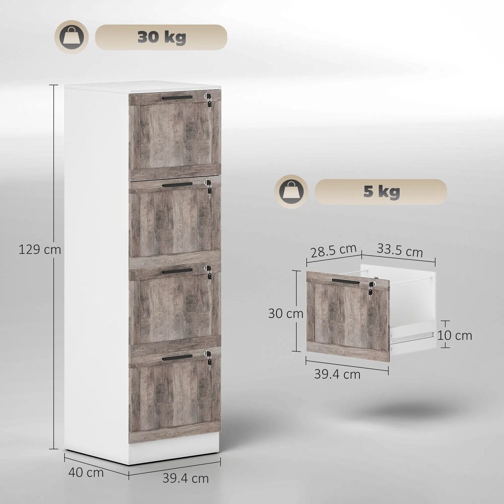 HOMCOM Cajonieră de Birou cu 4 Sertare Încuietoare 2 Chei Bare Suspendate pentru A4 Scrisoare 39,4x40x129 cm Alb și Lemn | Aosom Romania