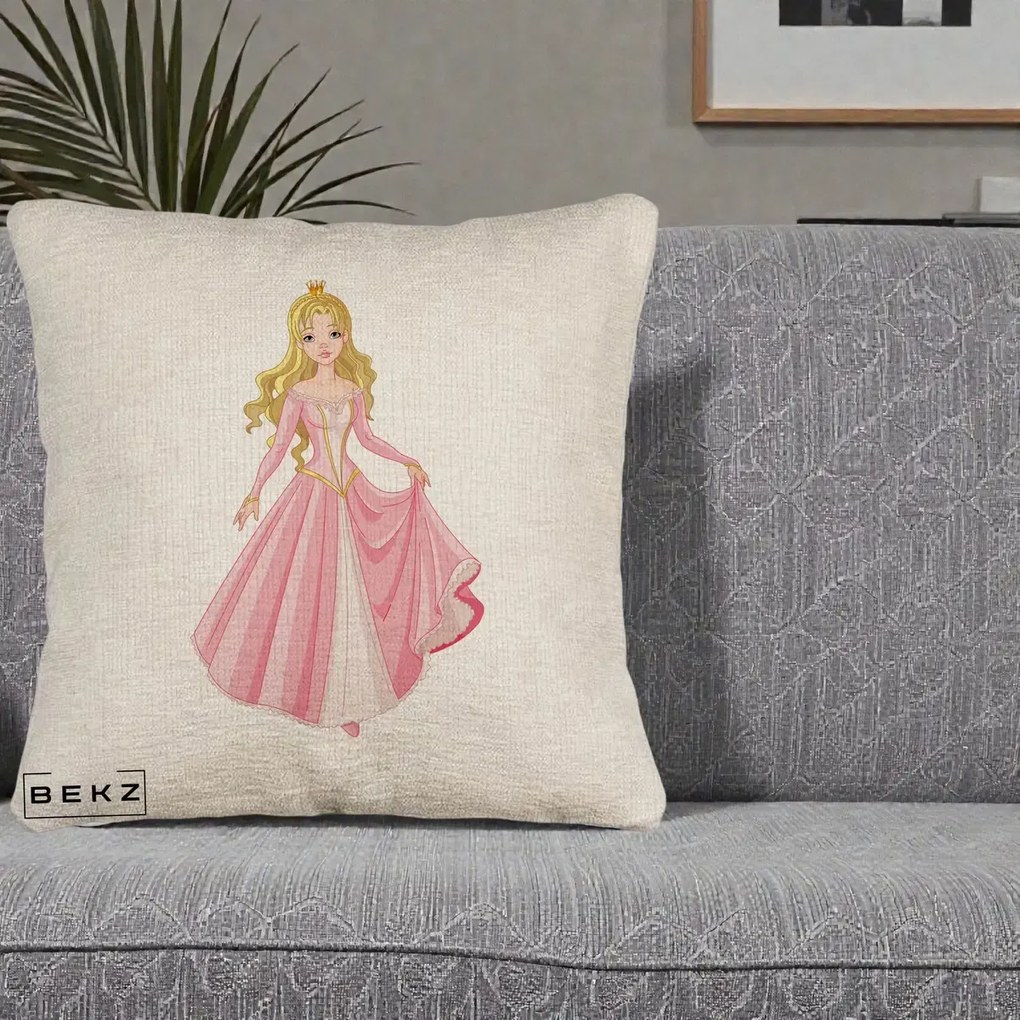 Perna Decorativa Printesa Aurora Rochie Roz, 40x40 cm, Bej Canapea, Husa Detasabila, Perna Inclusa, BEKZ®