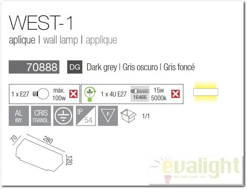 Aplica de perete exterior IP54 West -1 70888