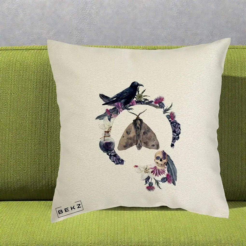 Perna Decorativa Gothic Wreath Corb Moliu Craniu, 40x40 cm, Ecru, Husa Detasabila, Perna Inclusa, BEKZ®