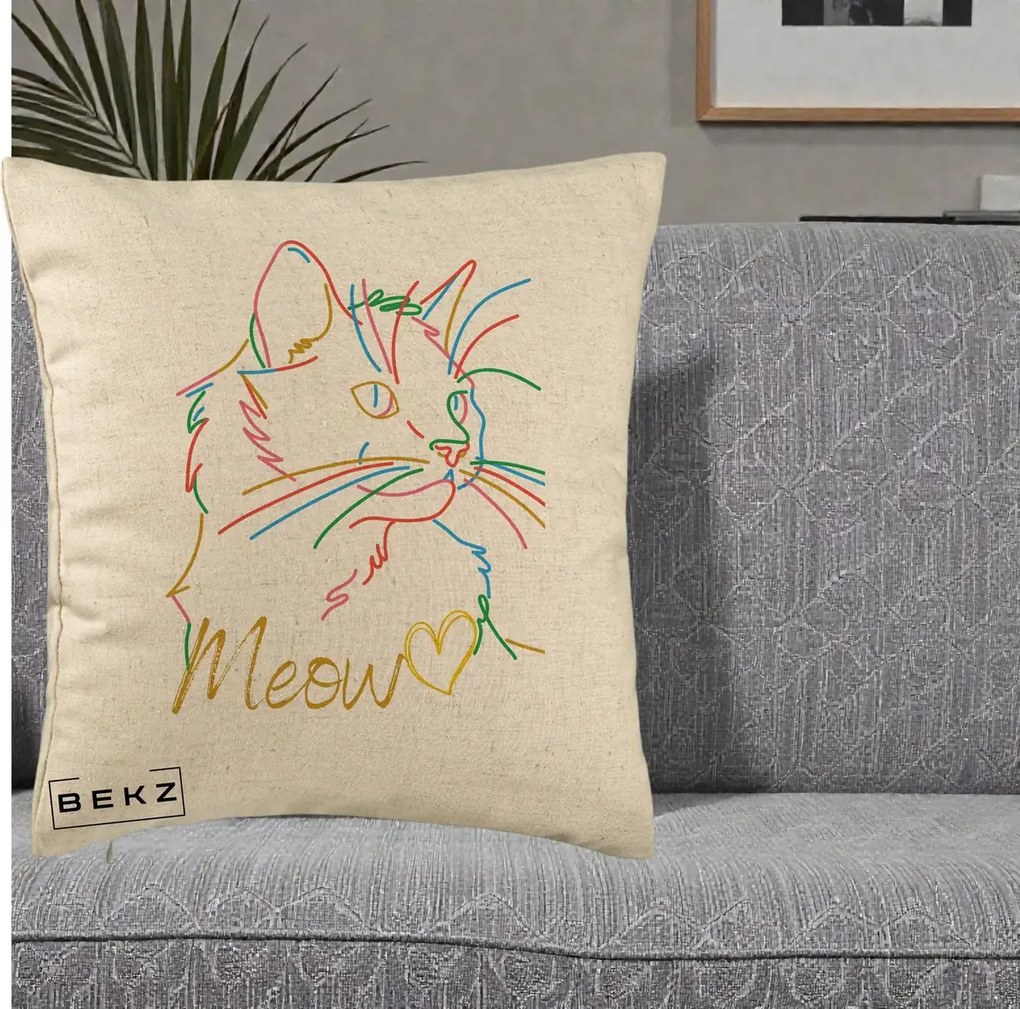 Perna Personalizata Pisica Meow Arta Linie Colorata, 40x40 cm, Bej, Husa Detasabila, Perna Inclusa, BEKZ®