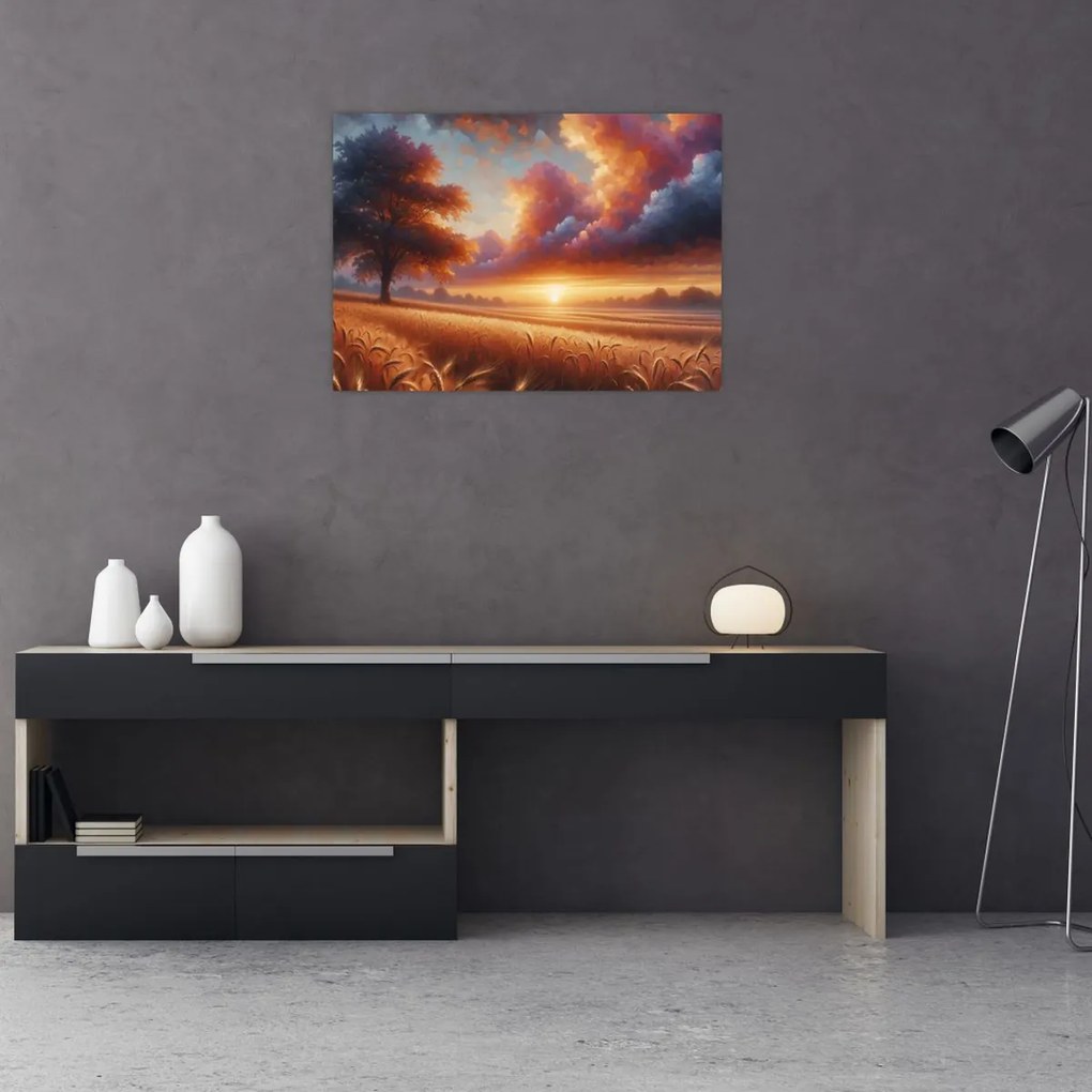 Tablou pe sticlă – Apus de soare pe câmp (70x50 cm)