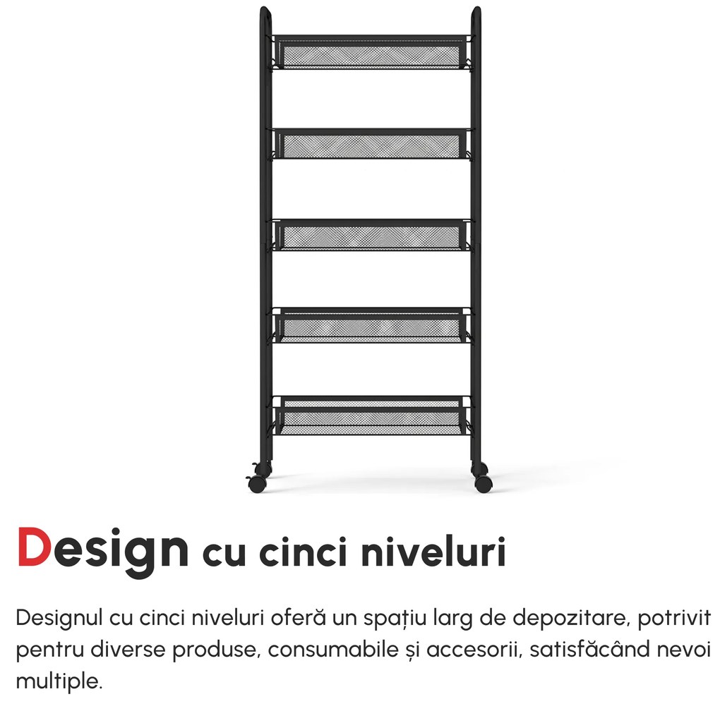 HOMCOM Cărucior de Bucătărie cu 5 Niveluri și Coșuri din Plasă, Soluție de Depozitare pentru Sufragerie, Design Modern | Aosom Romania