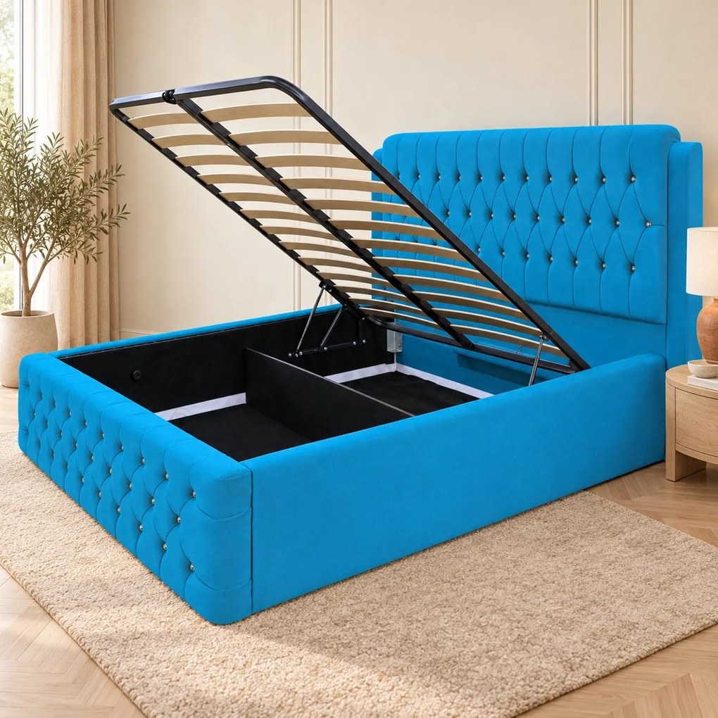 Pat tapițat Chesterfield din catifea Aveline Deluxe 160×200 cm, albastru deschis, cu ladă de depozitare