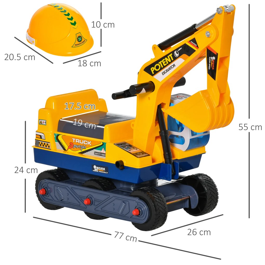 HOMCOM Buldozer Jucarie cu Excavator Manual Scaun Rotativ si Casca, Jucarie prevazuta cu Loc, Copii 2-3 ani, 77x26x55cm, Galben