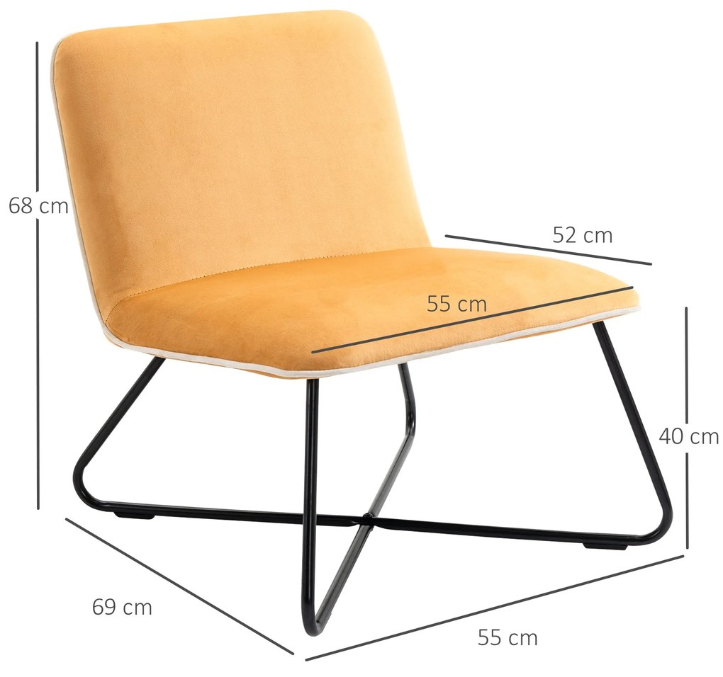 Fotoliu din Catifea HOMCOM Stil Nordic fara Cotiere, Scaun fotoliu de Camera cu Baza metalica Incrucisata, 55x69x68cm, Galben | Aosom RO