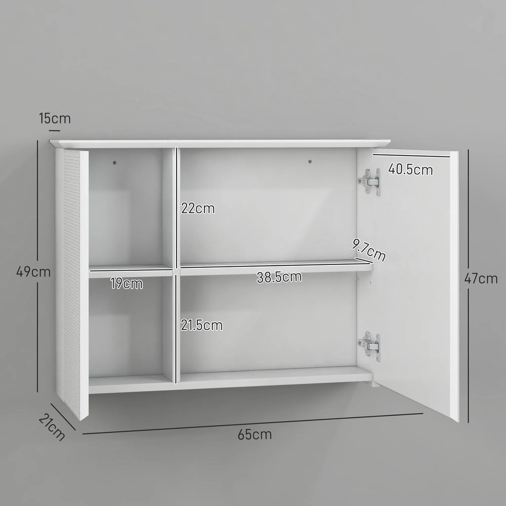 HOMCOM Dulap cu Oglindă și Rafturi Reglabile pe 3 Nivele, Oglindă de Perete din Sticlă și Lemn, 65x15x49 cm, Alb | Aosom Romania