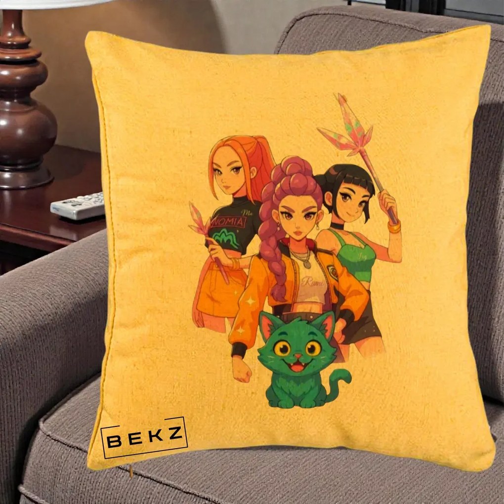Perna Personalizata K-pop HUNTRX Trio cu Pisica si Cristale, 40x40 cm, Galben, Husa Detasabila, Perna Inclusa, BEKZ®