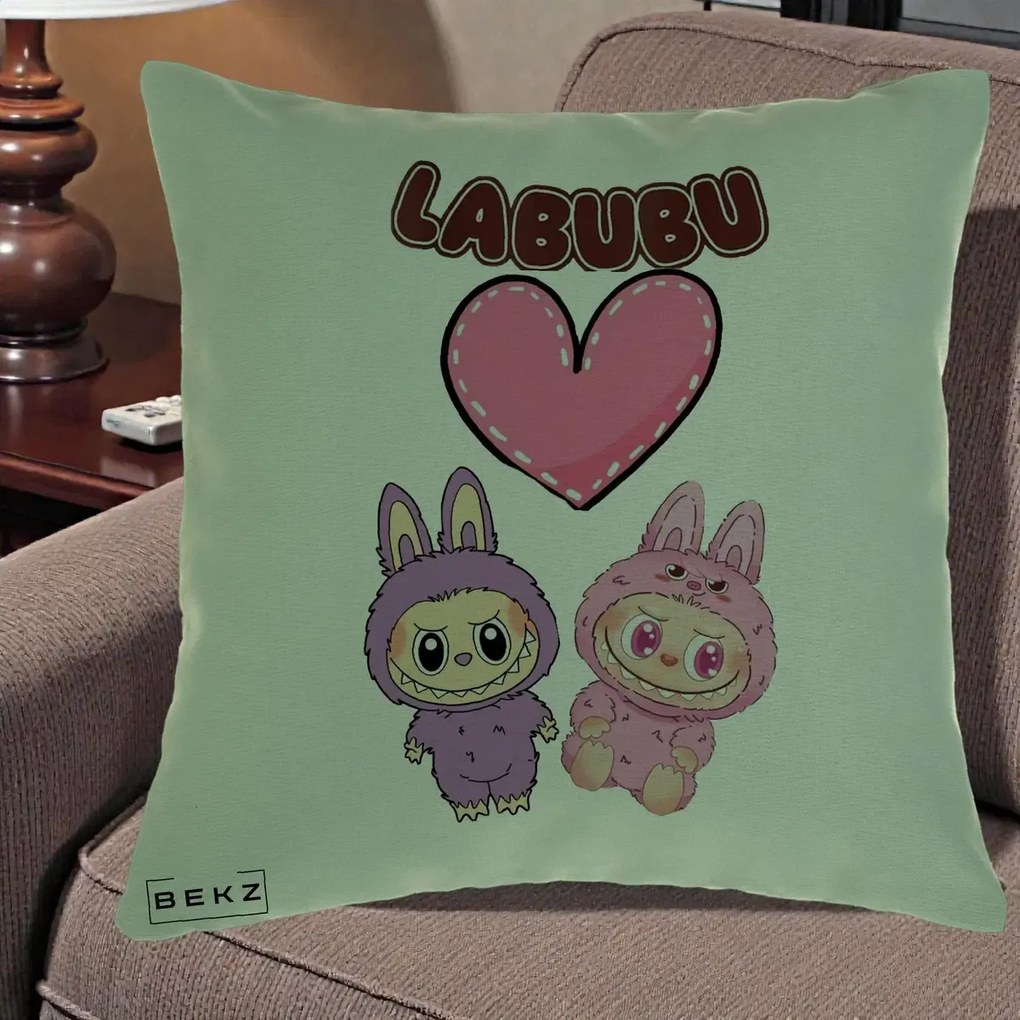 Perna Personalizata Labubu Cuplu Inima, 40x40 cm, Verde, Husa Detasabila, Perna Inclusa, BEKZ®