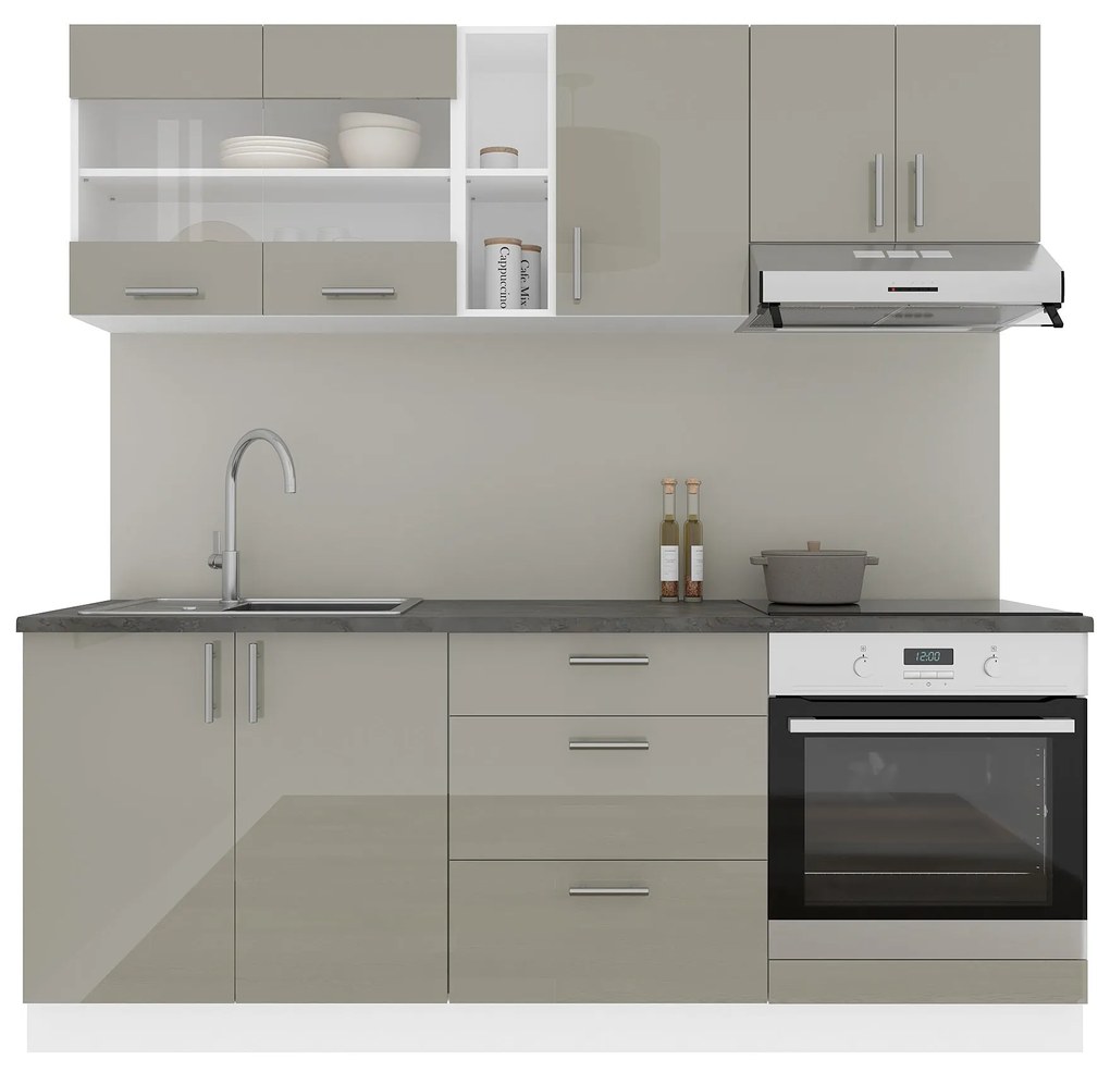 Set Bucatarie Karo V12, Gri Lucios/Alb, MDF, Blat Thermo 28 mm, L 200 cm