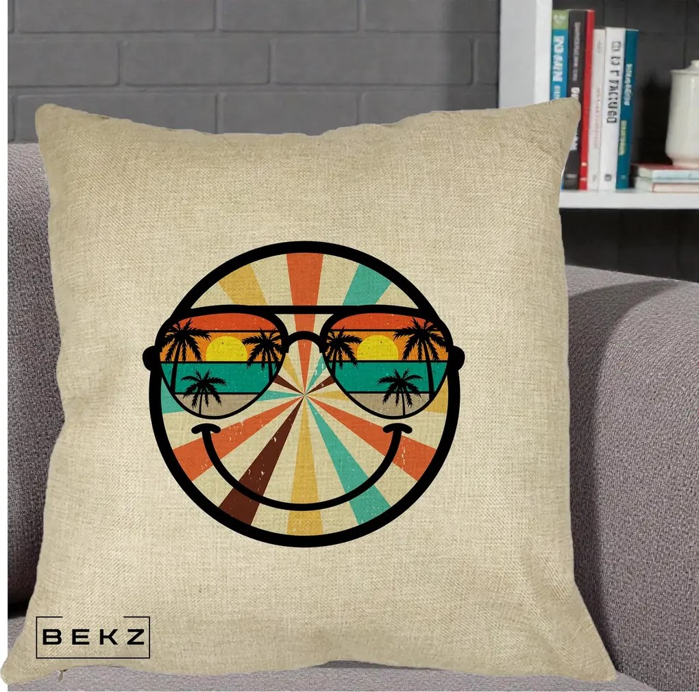 Perna Decorativa Smiley Face Retro Sunset Palmieri, 40x40 cm, Crem, Husa Detasabila, Perna Inclusa, BEKZ®