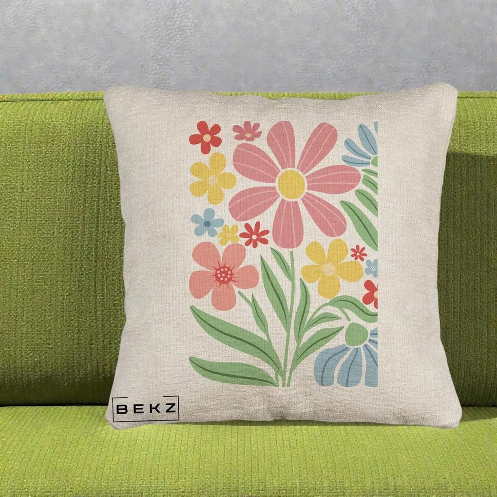 Perna Decorativa Flori Grafice Roz Pastel, 40x40 cm, Bej Canapea, Husa Detasabila, Perna Inclusa, BEKZ®