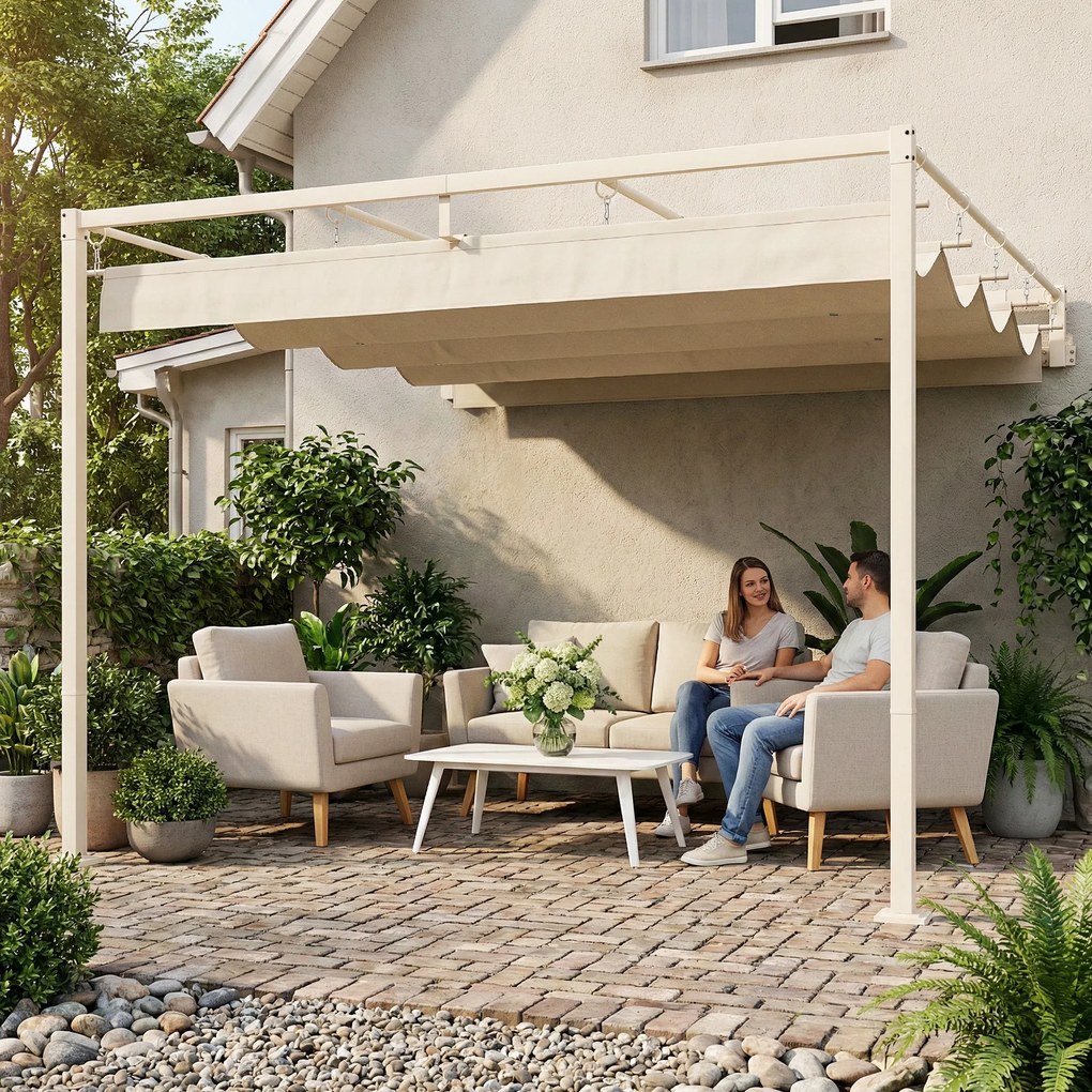 Outsunny Pergolă Gazebo 3x3 m cu Acoperiș Retractabil, Orificii de Drenaj, Pergolă de Grădină din Poliester și Oțel, pentru Patio, Terasă, Exterior, UV30+, Bej | Aosom Romania
