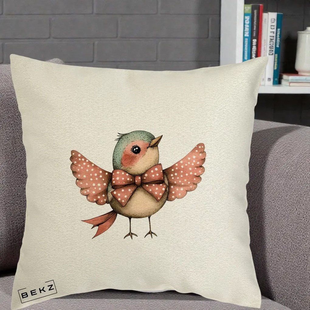 Perna Decorativa Pasare Roz cu Aripi si Fundita, 40x40 cm, Ecru, Husa Detasabila, Perna Inclusa, BEKZ®