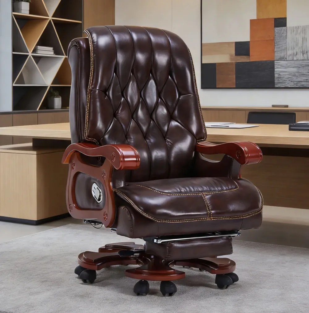 Regal Relax – Scaun directorial din Piele Naturală si Lemn Masiv, Masaj in 7 puncte, Funcție Încălzire, Înclinare 160°, Suport Picioare Extensibil, Sezut cu Arcuri, Telecomandă, Maro Inchis