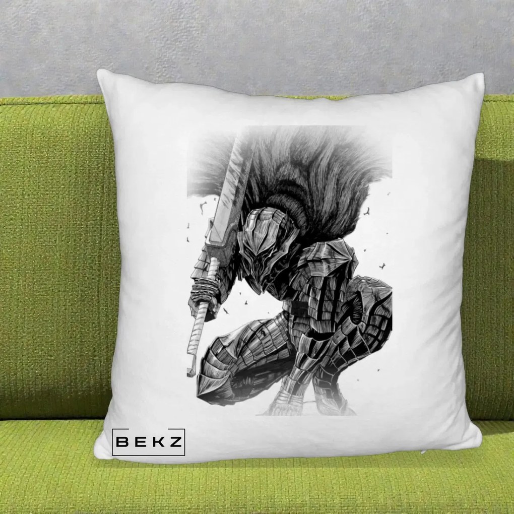 Perna Personalizata Berserk Guts Armor of Darkness Manga, 40x40 cm, Alb Pufos, Husa Detasabila, Perna Inclusa, BEKZ®