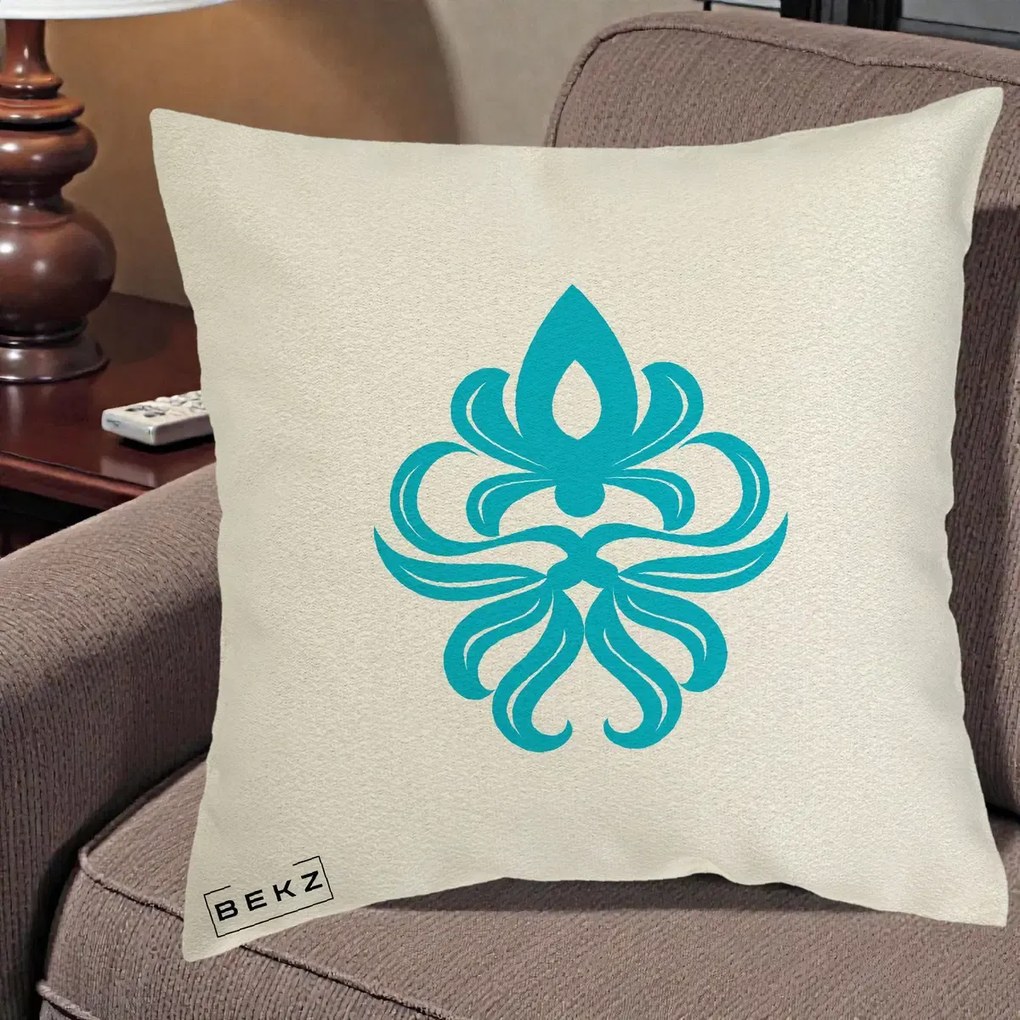 Perna Decorativa Ornament Turcoaz Fleur de Lis, 40x40 cm, Ecru, Husa Detasabila, Perna Inclusa, BEKZ®