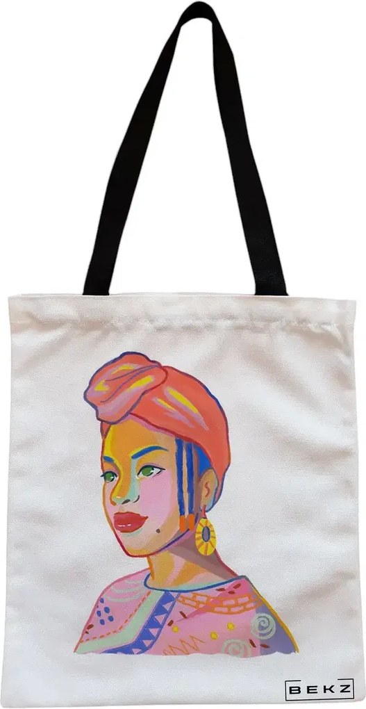 Sacosa de Panza pentru Cumparaturi, Geanta Tote, model Portret Vibrant, Cu fermoar, 38x34.5 cm, Alba, BEKZ®