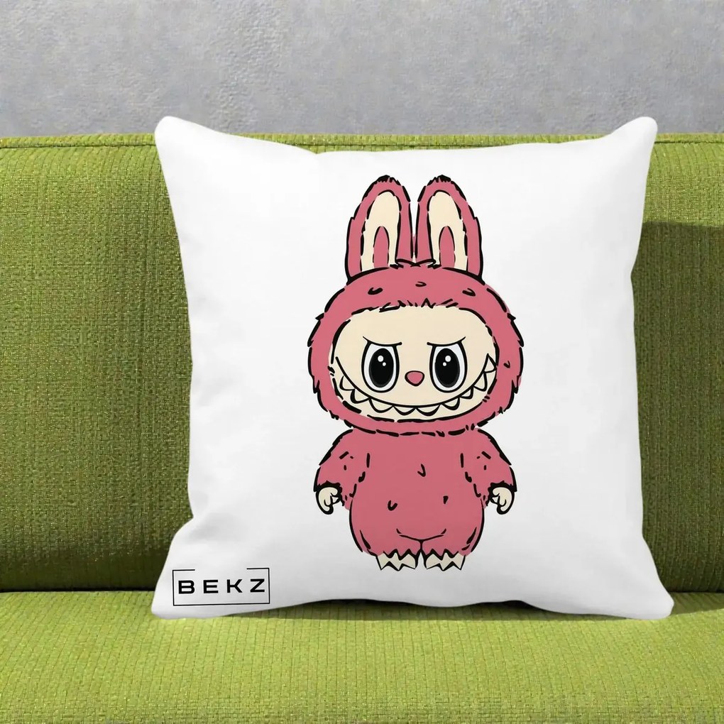 Perna Personalizata Labubu Roz Solo, 40x40 cm, Alba Mata, Husa Detasabila, Perna Inclusa, BEKZ®