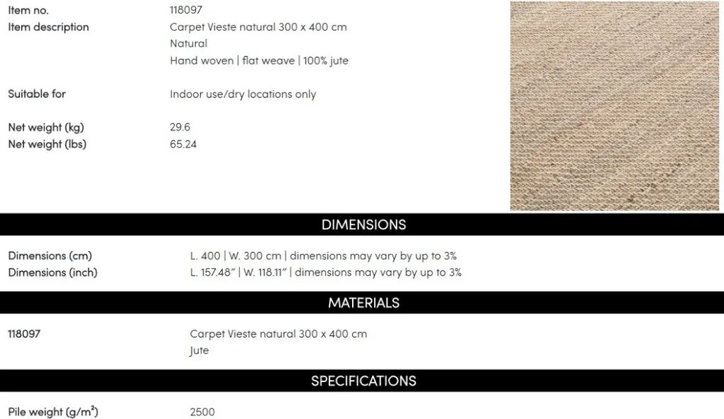 Covor design LUX tesut manual din iuta Vieste 300x400cm