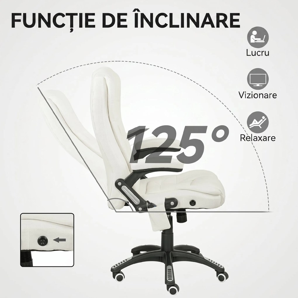 Vinsetto Scaun de Birou Reclinabil cu Masaj, Înălțime Reglabilă, Telecomandă, Textil cu Aspect de In, Crem | Aosom Romania