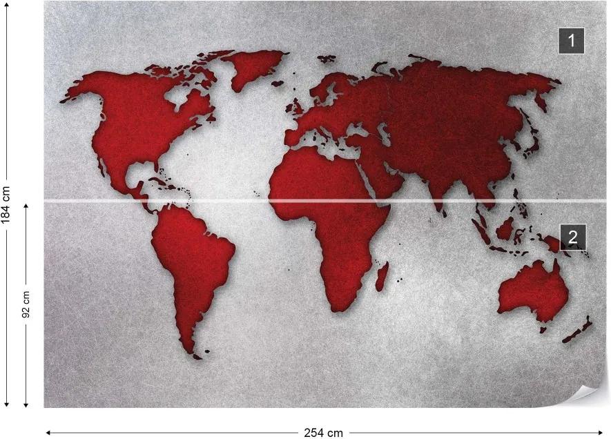 GLIX Fototapet - Modern Silver And Red World Map Vliesová tapeta  - 254x184 cm