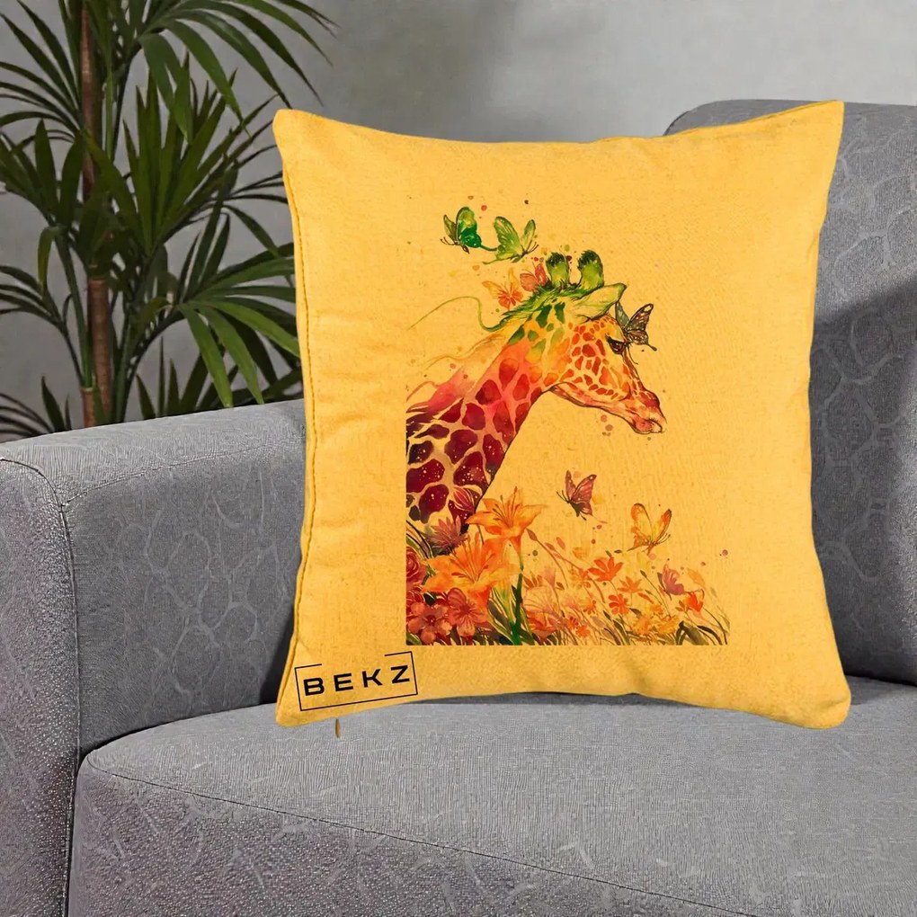 Perna Decorativa Girafa Curcubeu Acuarela, 40x40 cm, Galben, Husa Detasabila, Perna Inclusa, BEKZ®