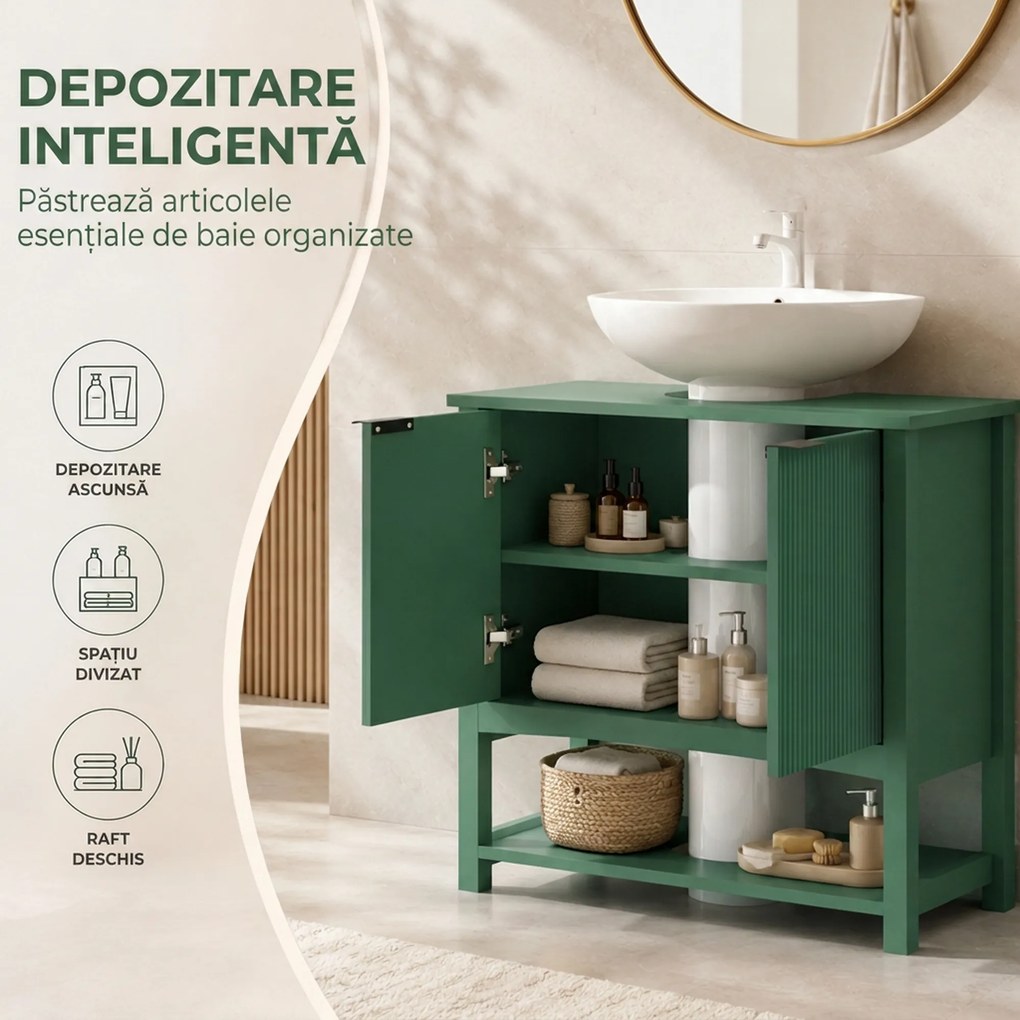 HOMCOM Dulap Sub Lavoar cu 2 Uși, Raft Deschis și Design Modern, 65x32x62 cm, Verde | Aosom Romania