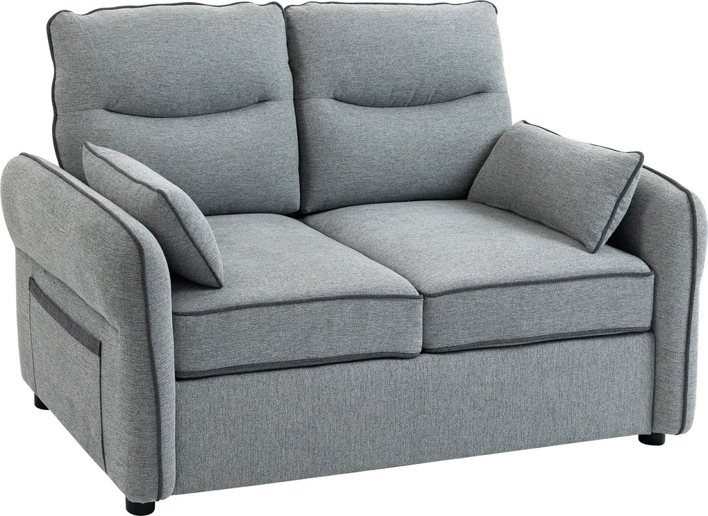 HOMCOM Canapea 2 locuri, canapea de living din velur egiptean, 2 perne incluse, buzunar lateral, 136 x 81 x 90 cm, gri | Aosom Romania