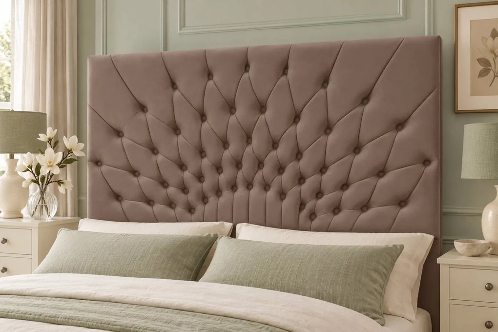 Pat tapițat Chesterfield din catifea Venezia 140×200 cm, cappuccino, cu ladă de depozitare