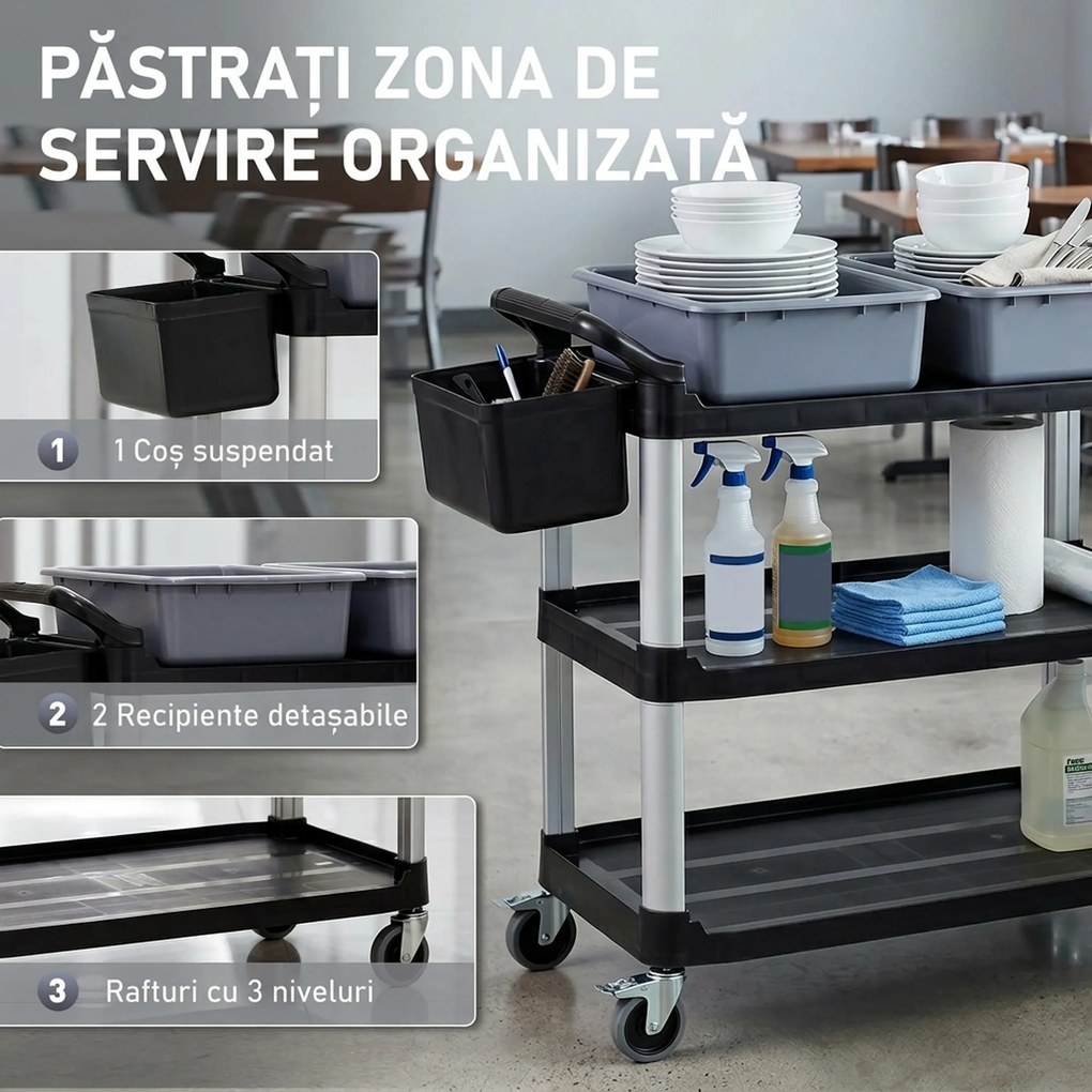 HOMCOM Carucior Profesional pentru Curățenie cu 3 Rafturi, 2 Recipiente Detașabile, Găleată Laterală și 4 Roți, Negru | Aosom Romania