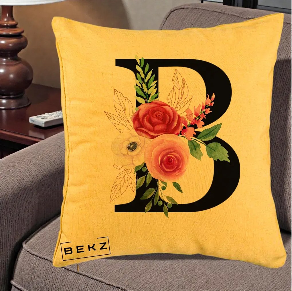 Cadou Personalizat - Perna Personalizata Monograma Florala Litera B, 40x40 cm, Galben, Husa Detasabila, Perna Inclusa, BEKZ®