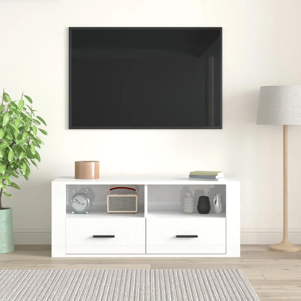 Comoda TV, alb extralucios, 100x35x40 cm, lemn prelucrat 1, Alb foarte lucios