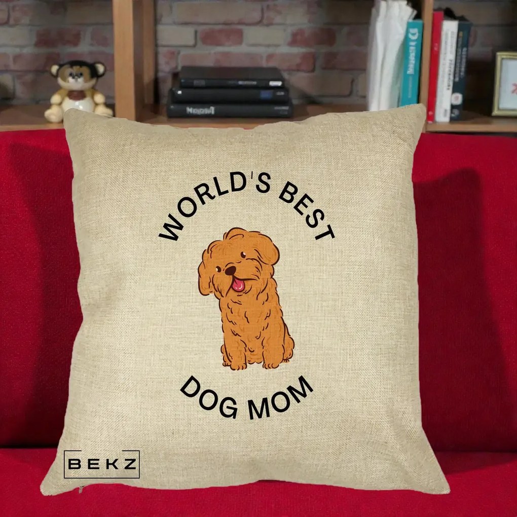 Cadou pentru Iubitorii de Caini - Perna Personalizata World's Best Dog Mom, 40x40 cm, Crem, Husa Detasabila, Perna Inclusa, BEKZ®