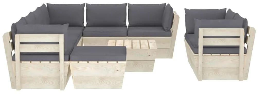 Set mobilier gradina din paleti cu perne, 10 piese, lemn molid Antracit, 5x colt + 3x mijloc + masa + suport pentru picioare, 1