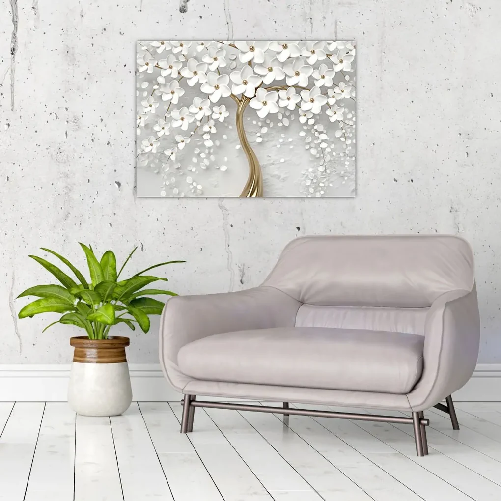 Tablou cu copac alb cu flori (70x50 cm), în 40 de alte dimensiuni noi