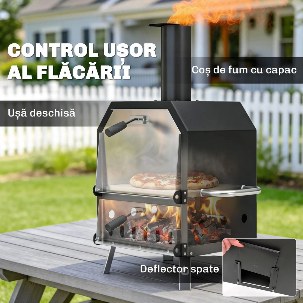 Outsunny Cuptor pizza exterior pe lemne Cuptor pizza din oțel inoxidabil 2 niveluri cu piatră pentru pizza grosime 1 cm picioare pliabile | Aosom Romania