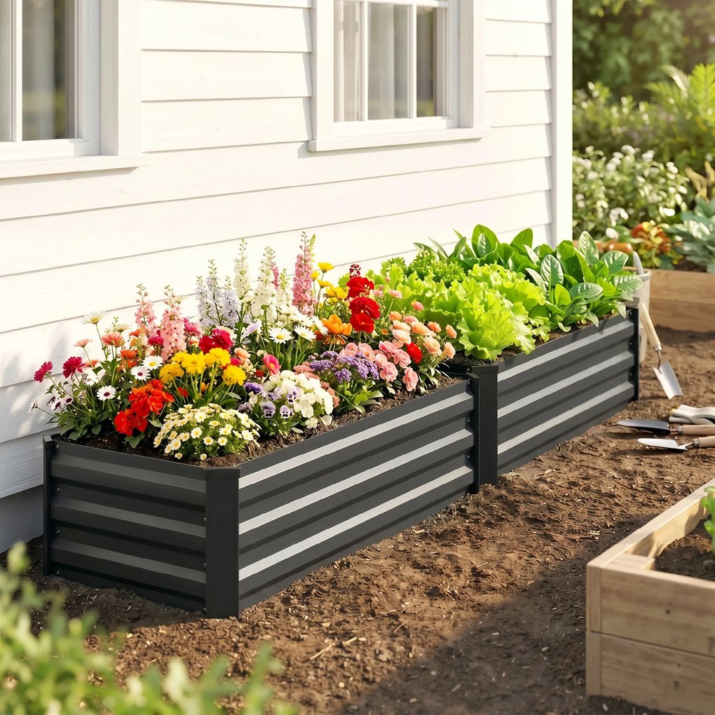 Outsunny Set de 2 Paturi Galvanizate Inaltate pentru Gradina, Cutie de Plantare Inaltata pentru Exterior, Usor de Asamblat, pentru Cultivarea Florilor