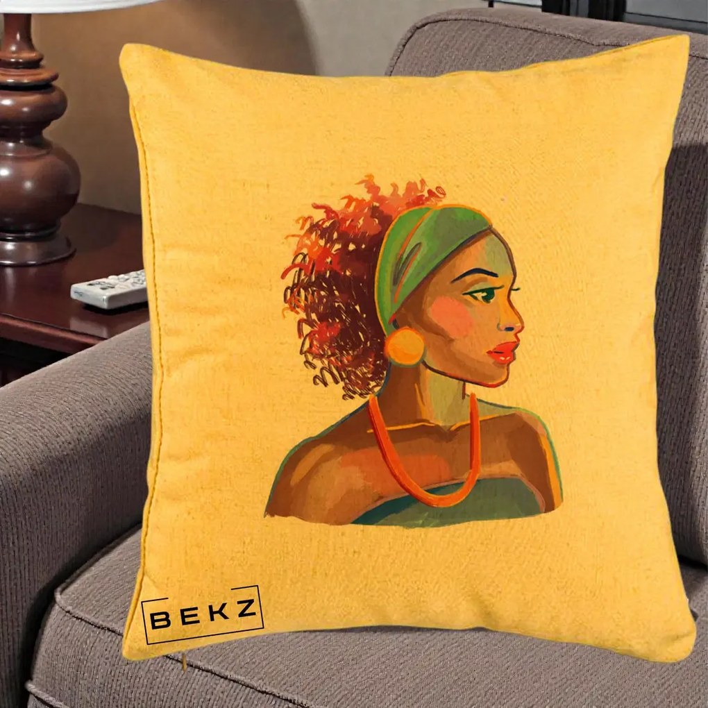 Perna Decorativa Portret Femeie Urbana Acuarela, 40x40 cm, Galben, Husa Detasabila, Perna Inclusa, BEKZ®